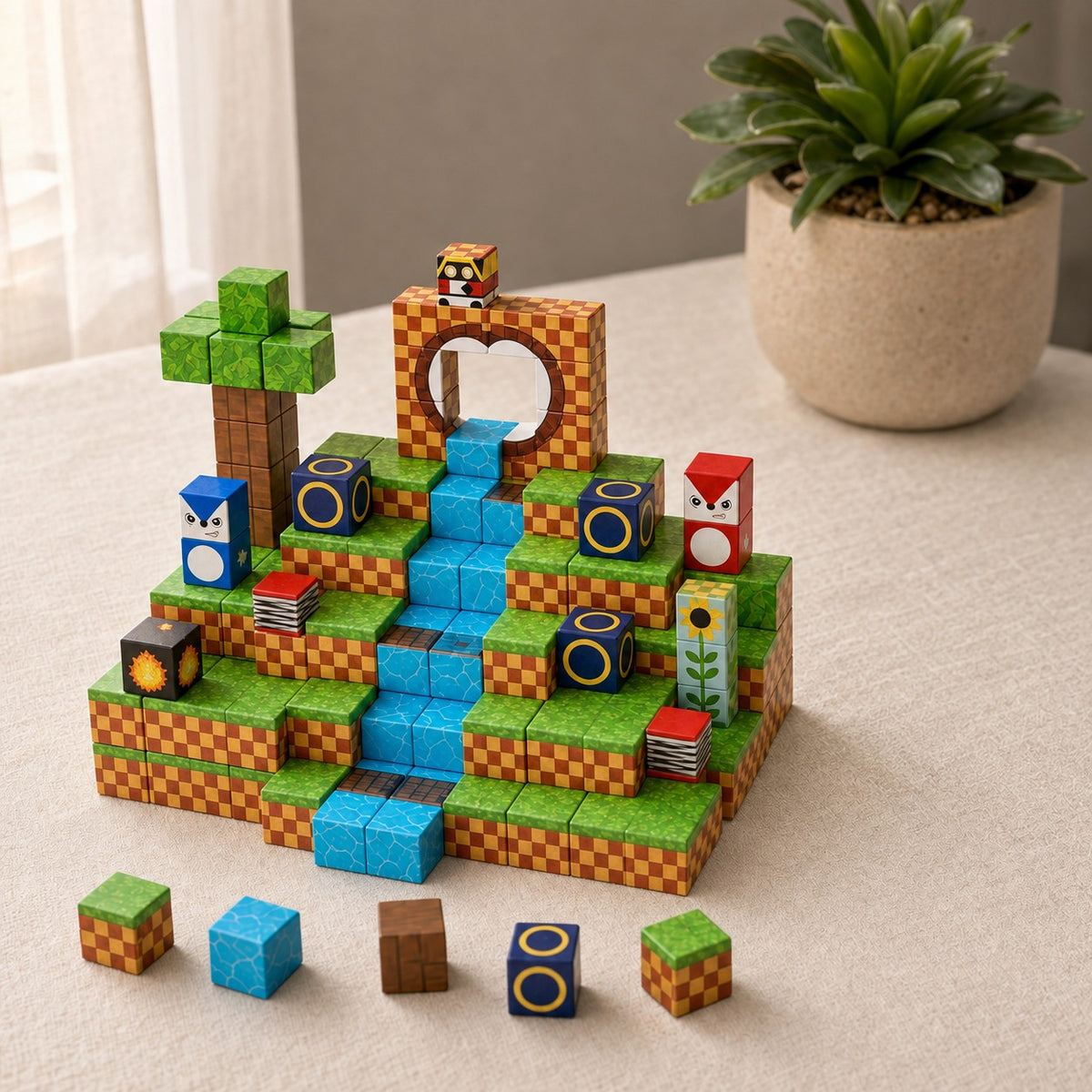 Checkered Hills Adventure magnetic building cubes, 100 cubes set built on a table
