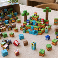 Checkered Hills Adventure magnetic cubes spread on the table, build in progress