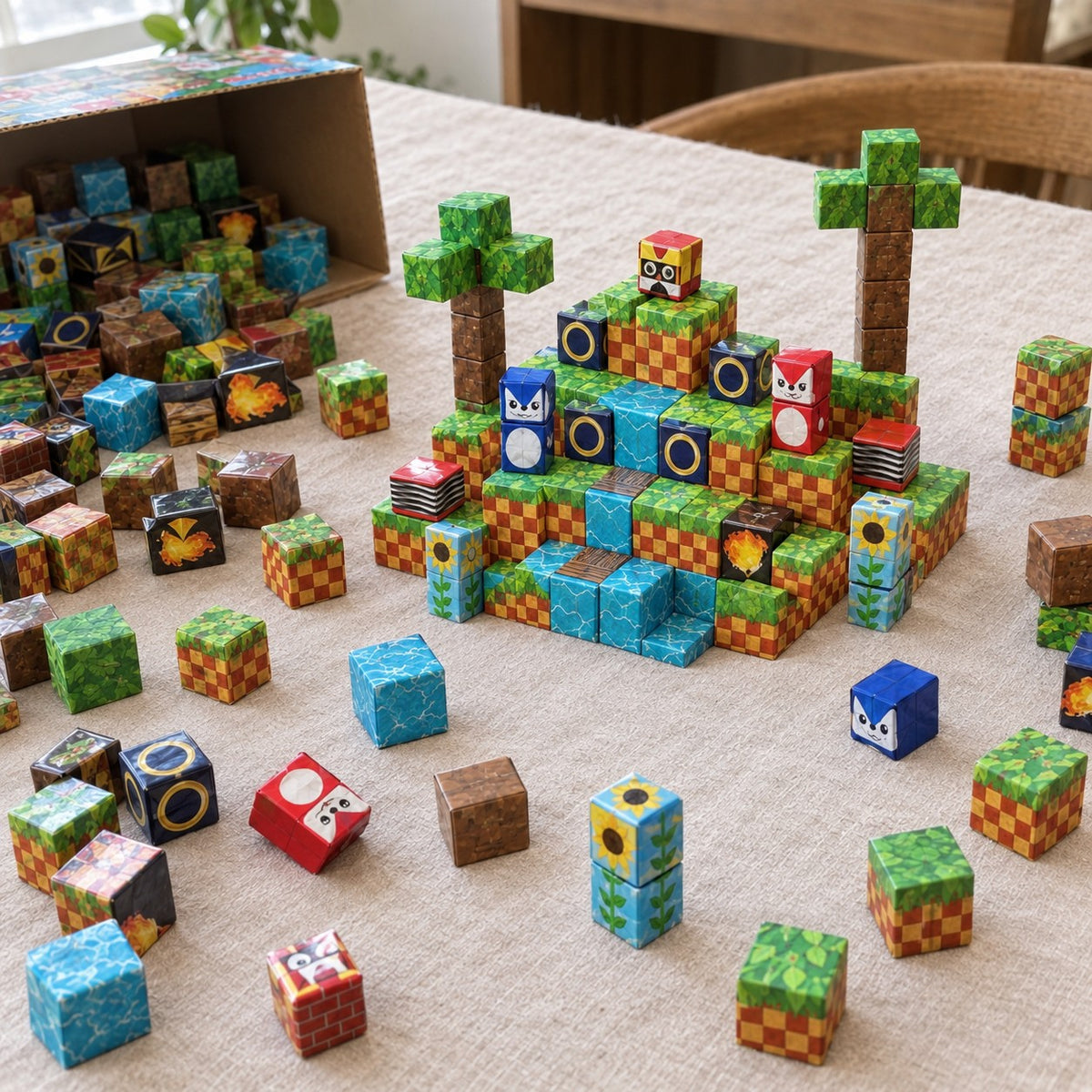 Checkered Hills Adventure magnetic cubes spread on the table, build in progress