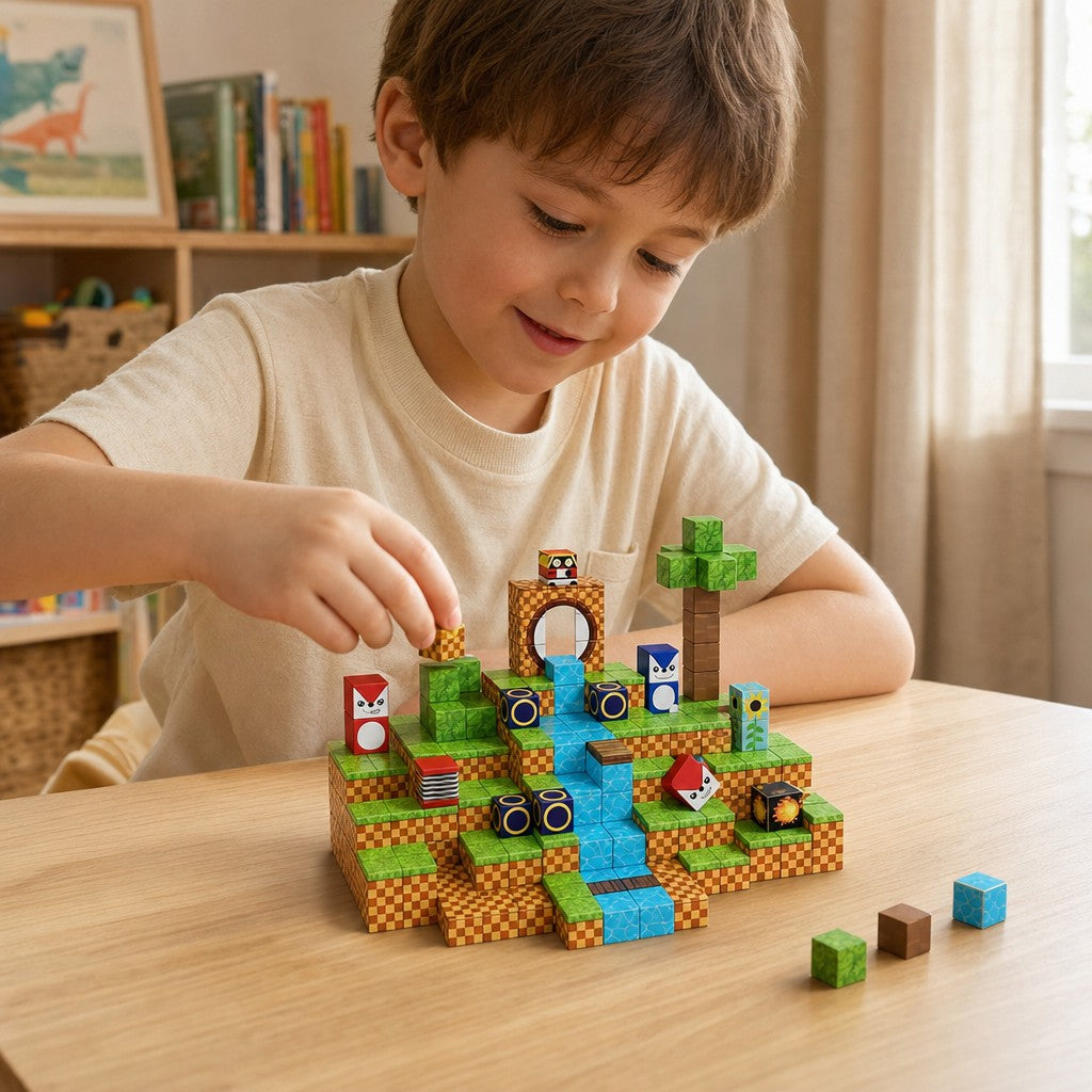 Child building the Checkered Hills Adventure set with magnetic cubes