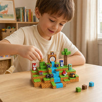 Child building the Checkered Hills Adventure set with magnetic cubes