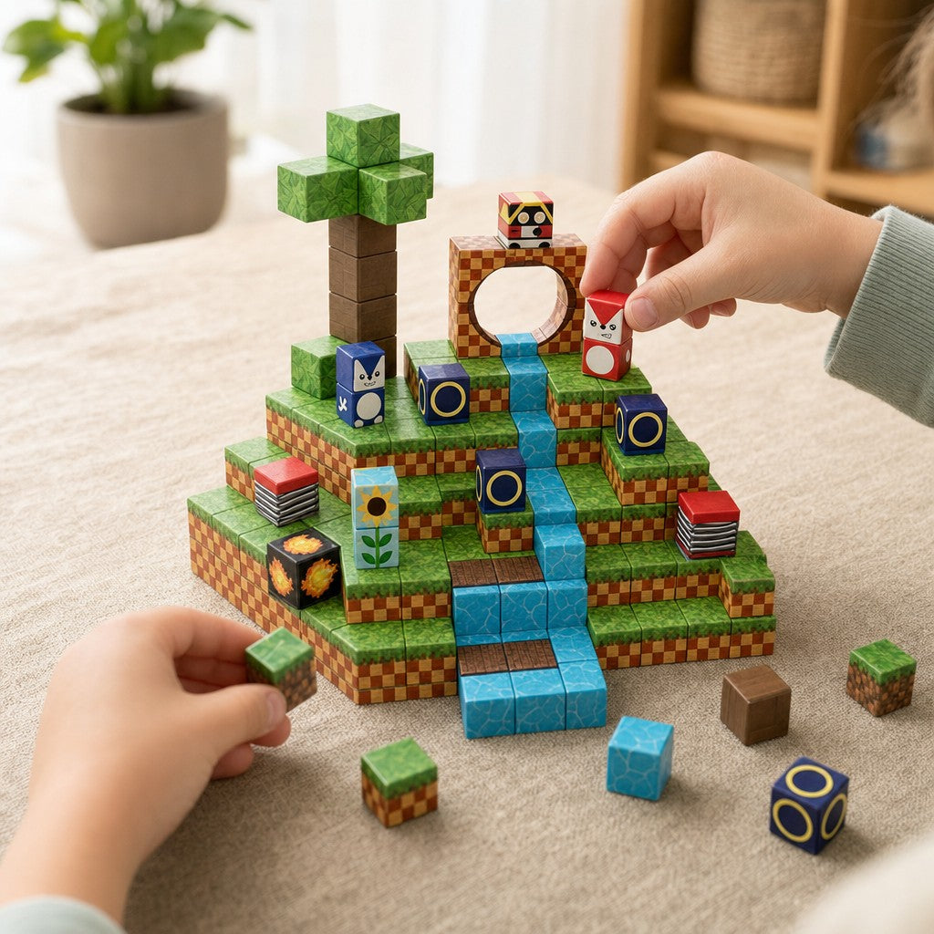 Child's hands building the Checkered Hills Adventure magnetic cube set
