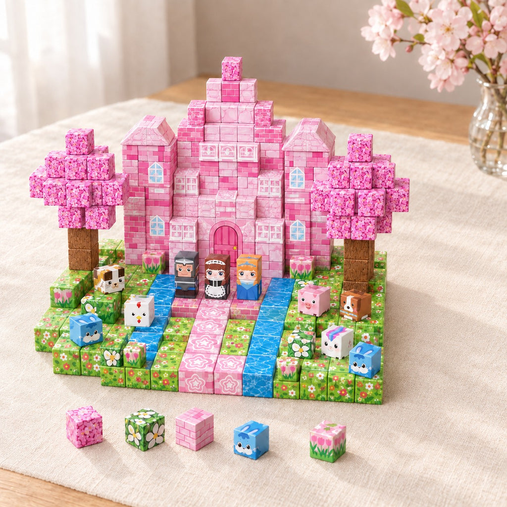 Cherry Blossom Forest magnetic building cubes, 300 cubes set built on a table