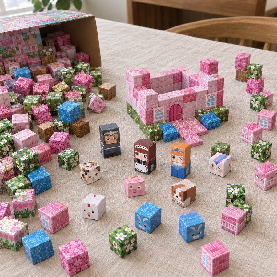 Cherry Blossom Forest magnetic cubes spread on the table, build in progress