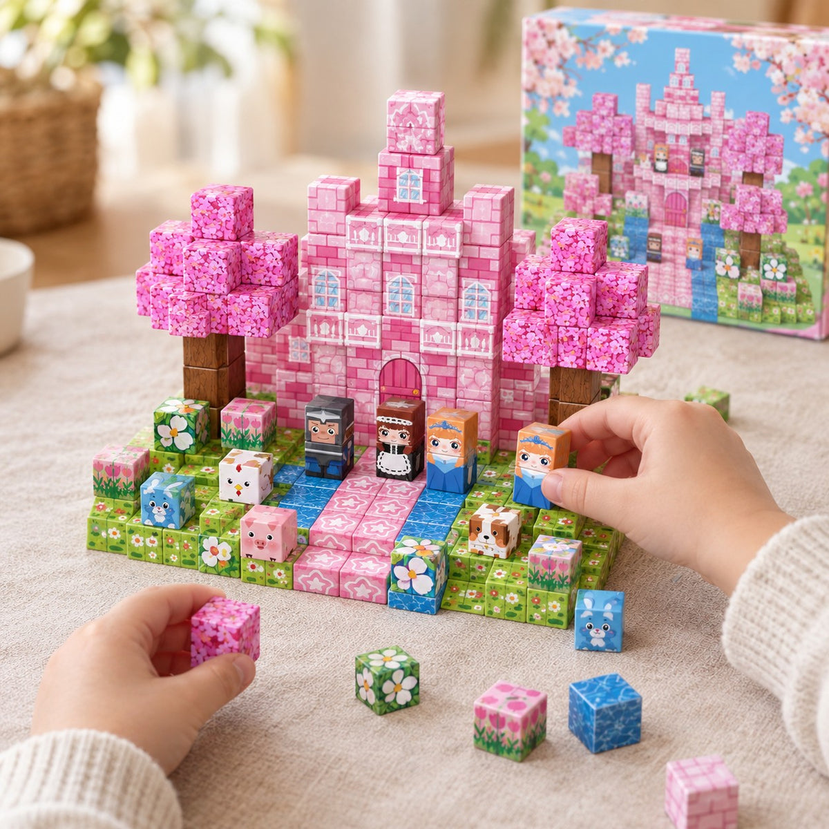 Child's hands building the Cherry Blossom Forest magnetic cube set