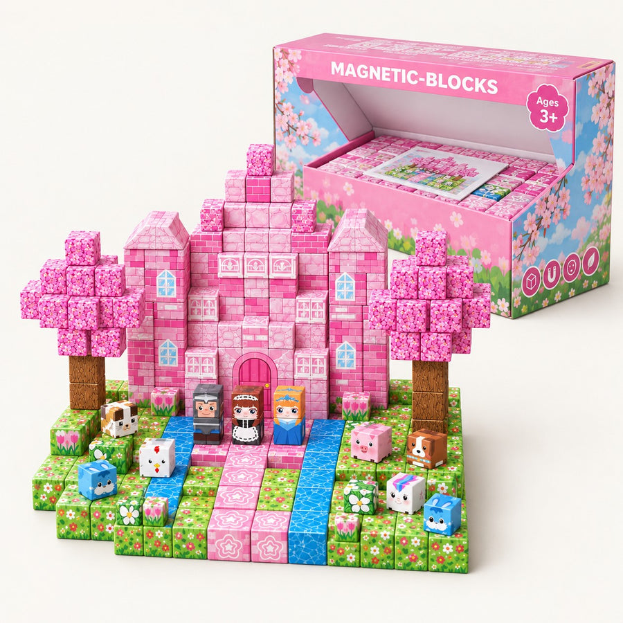 Cherry Blossom Forest magnetic building cubes set with its box