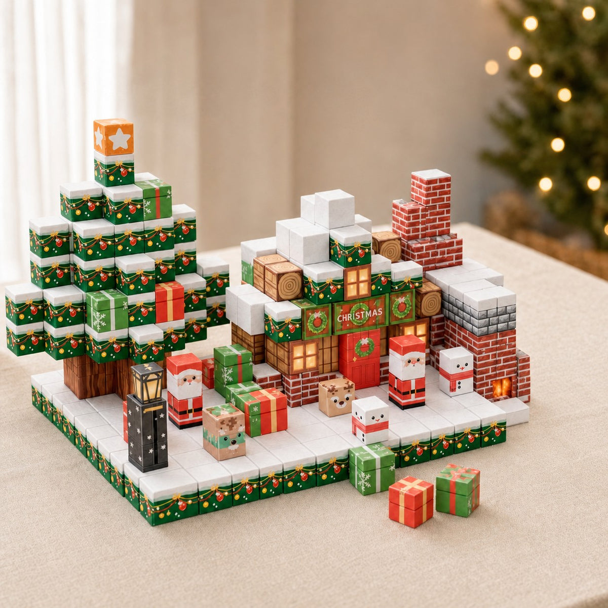 300-cube Christmas Cottage scene with tree, lantern, Santa and snowmen