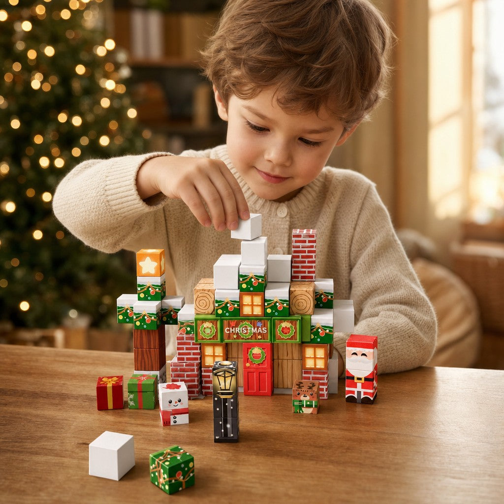 Child building the Christmas Cottage with magnetic cubes by the Christmas tree