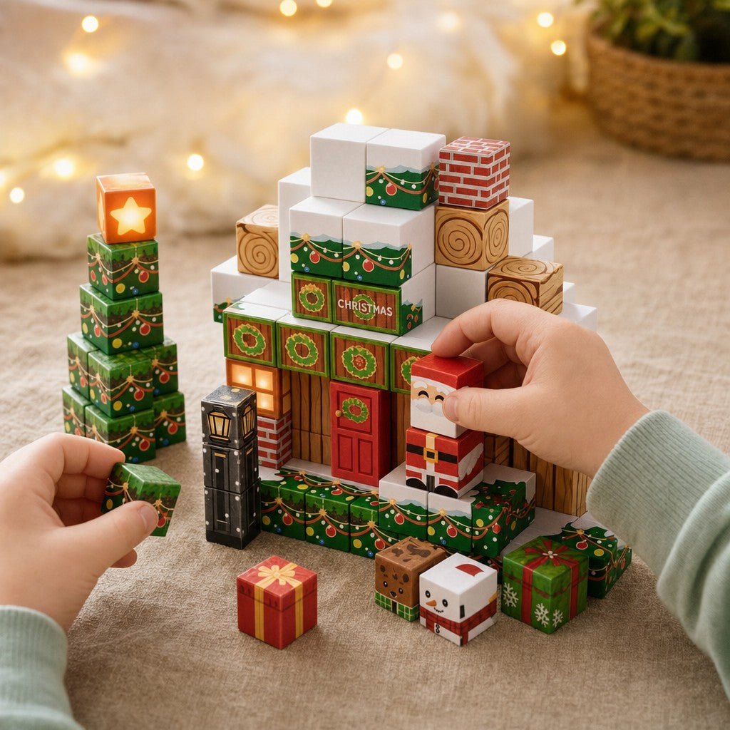 Child's hands placing the Santa figure in front of the magnetic cube cottage