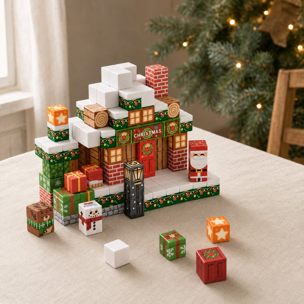 Christmas Cottage magnetic building cubes, 150-cube set built on a table