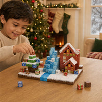 Child building the Christmas Village set with magnetic cubes
