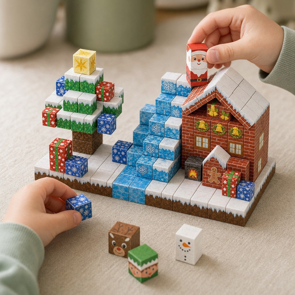 Child's hands building the Christmas Village magnetic cube set