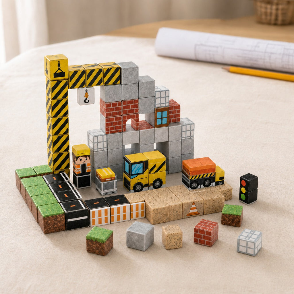 Construction Site magnetic building cubes, 100 cubes set built on a table