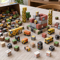 Construction Site magnetic cubes spread on the table, build in progress