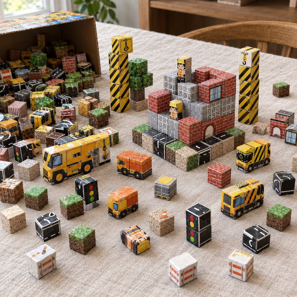 Construction Site magnetic cubes spread on the table, build in progress