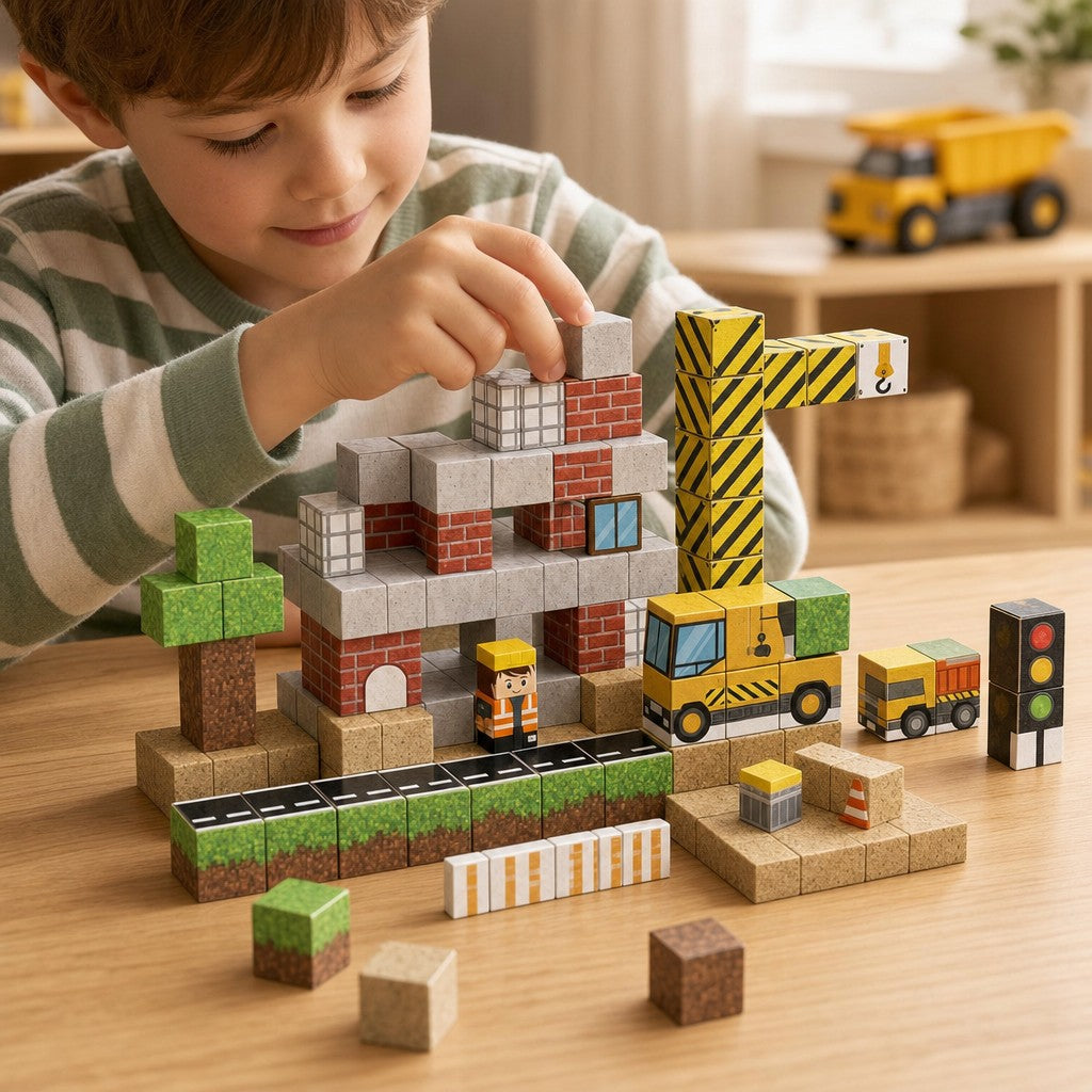 Child building the Construction Site set with magnetic cubes
