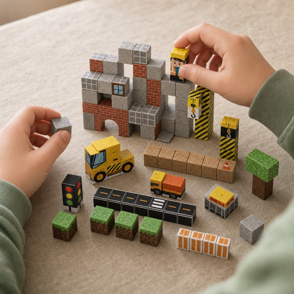 Child's hands building the Construction Site magnetic cube set