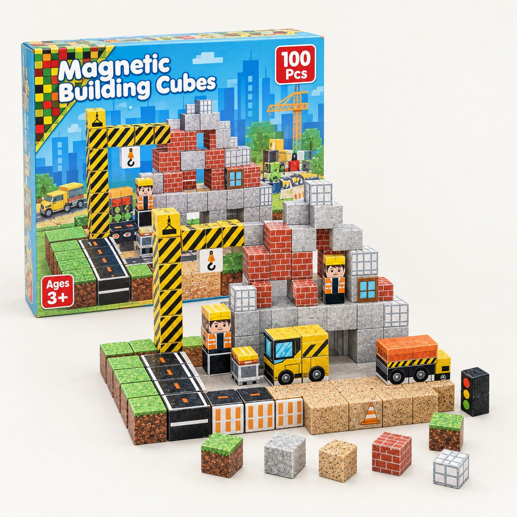 Construction Site magnetic building cubes set with its box