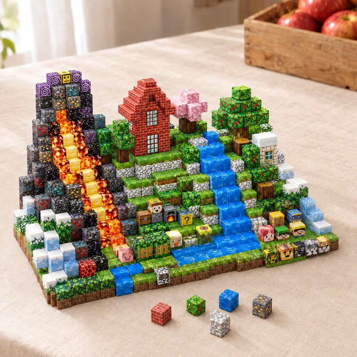 Countryside Farm magnetic building cubes, 500 cubes set built on a table