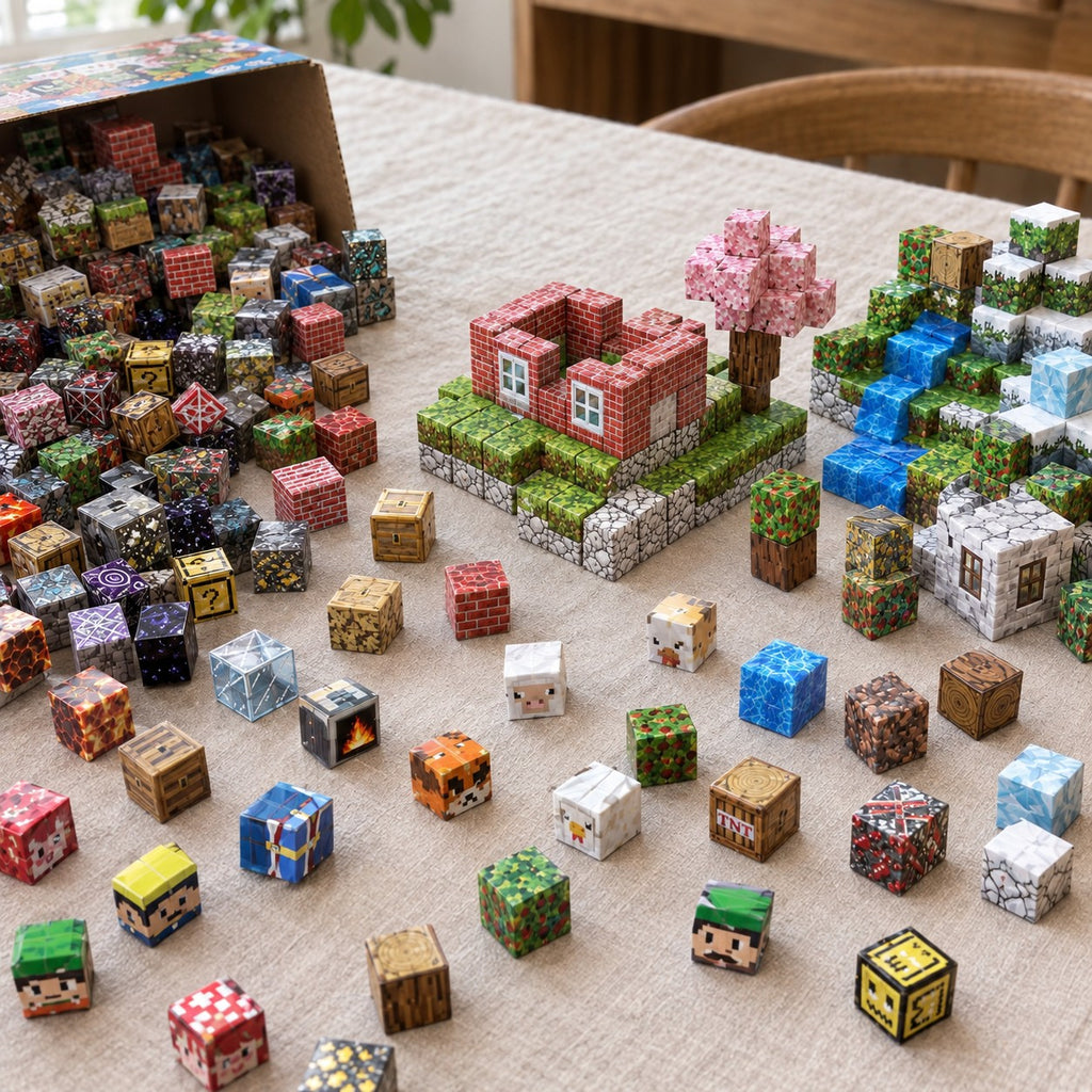 Countryside Farm magnetic cubes spread on the table, build in progress