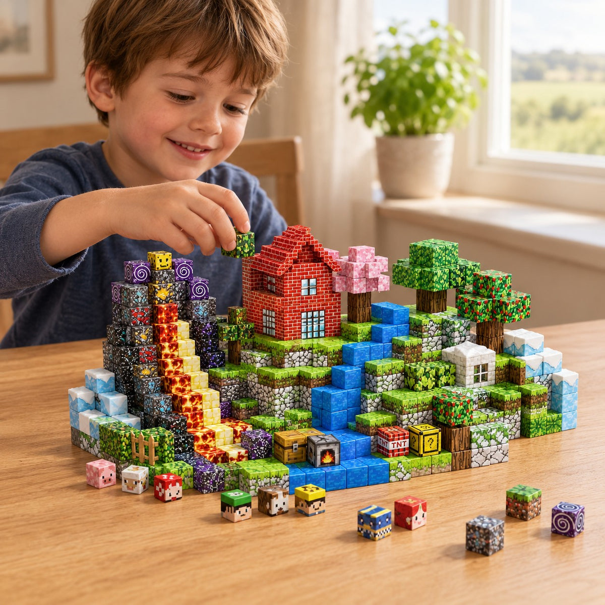 Child building the Countryside Farm set with magnetic cubes