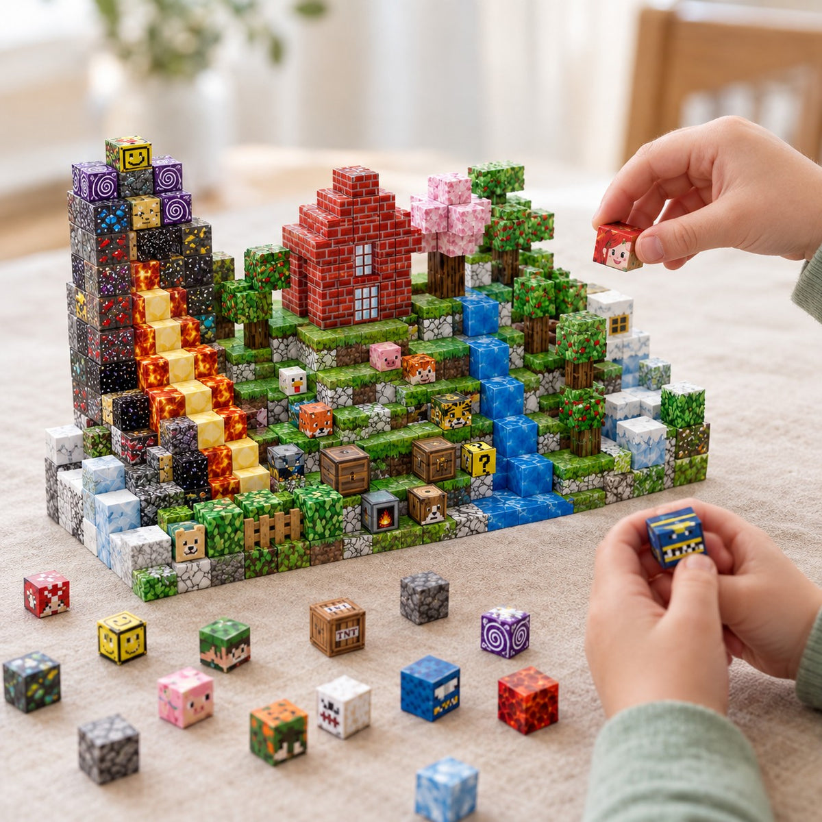 Child's hands building the Countryside Farm magnetic cube set