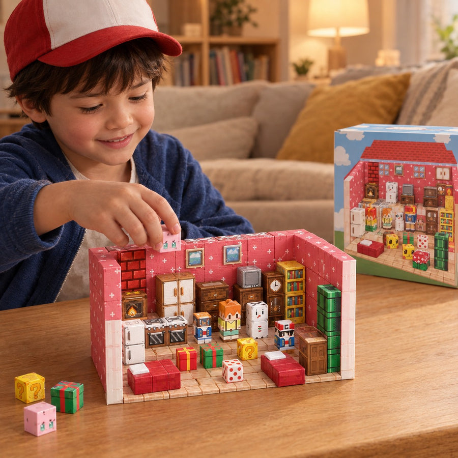 Child building the Cozy Home set with magnetic cubes