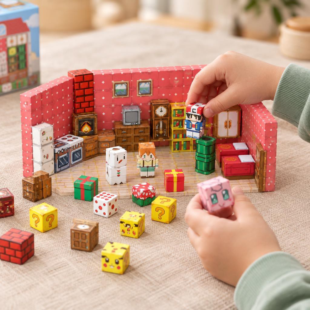 Child's hands building the Cozy Home magnetic cube set