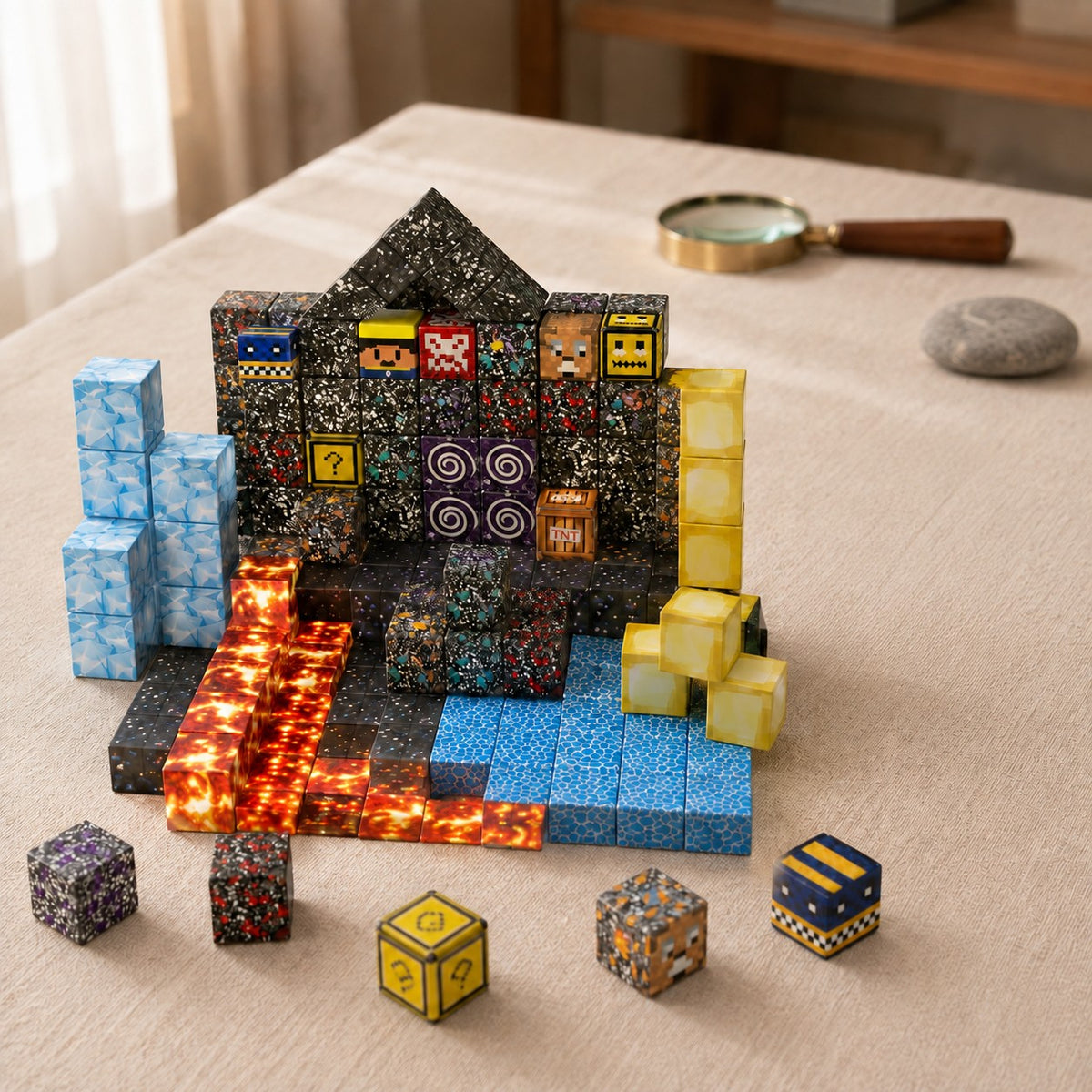 Crystal Mine magnetic building cubes, 150 cubes set built on a table