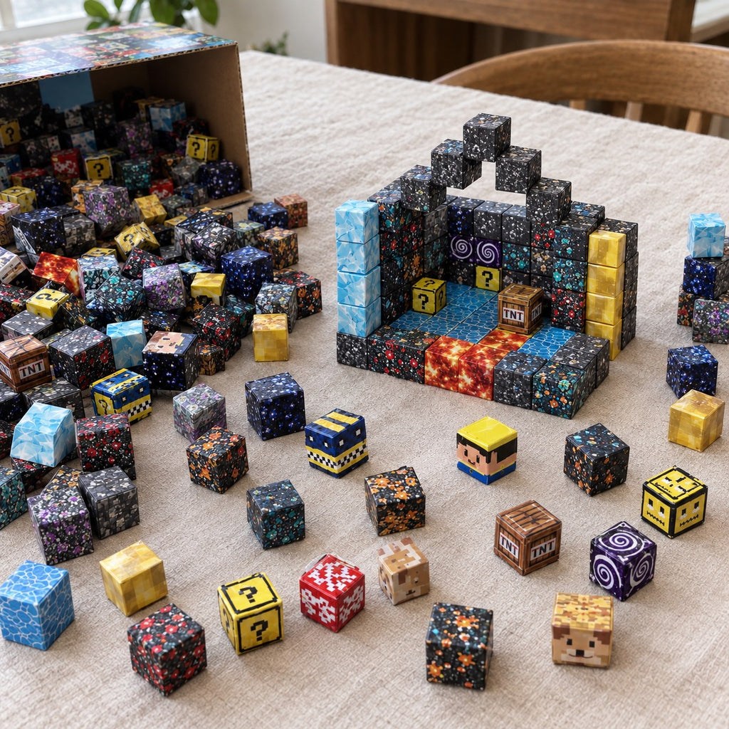 Crystal Mine magnetic cubes spread on the table, build in progress