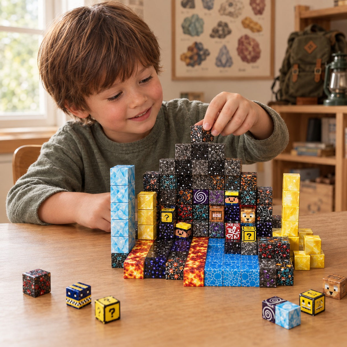 Child building the Crystal Mine set with magnetic cubes