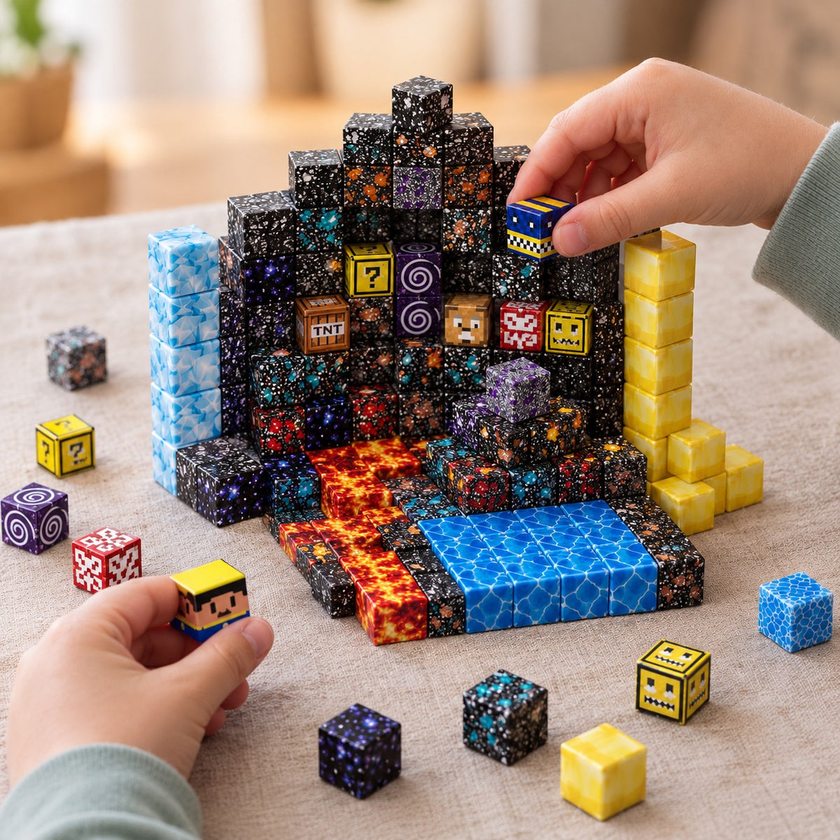 Child's hands building the Crystal Mine magnetic cube set
