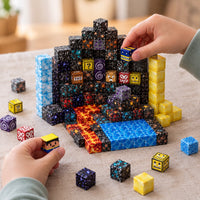 Child's hands building the Crystal Mine magnetic cube set