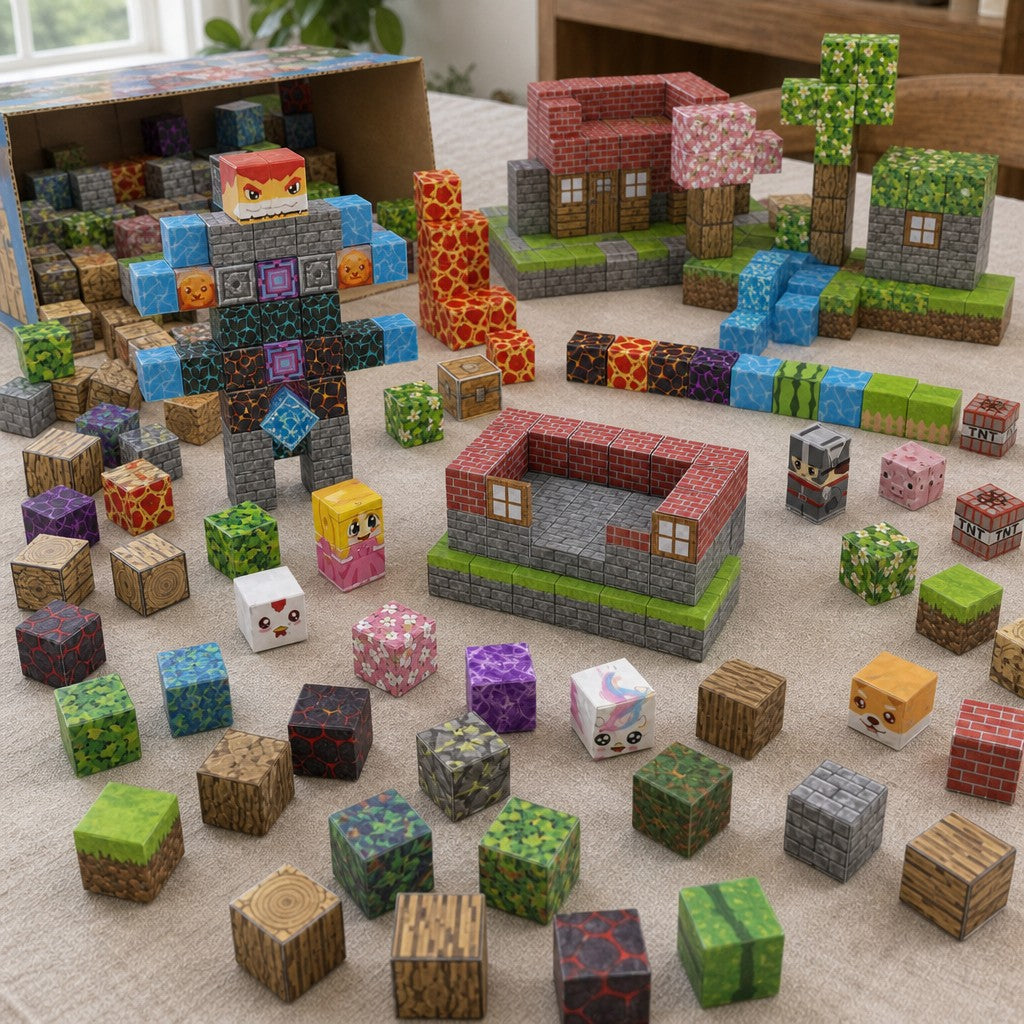 Dream World magnetic cubes spread on the table, build in progress