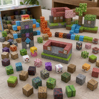 Dream World magnetic cubes spread on the table, build in progress