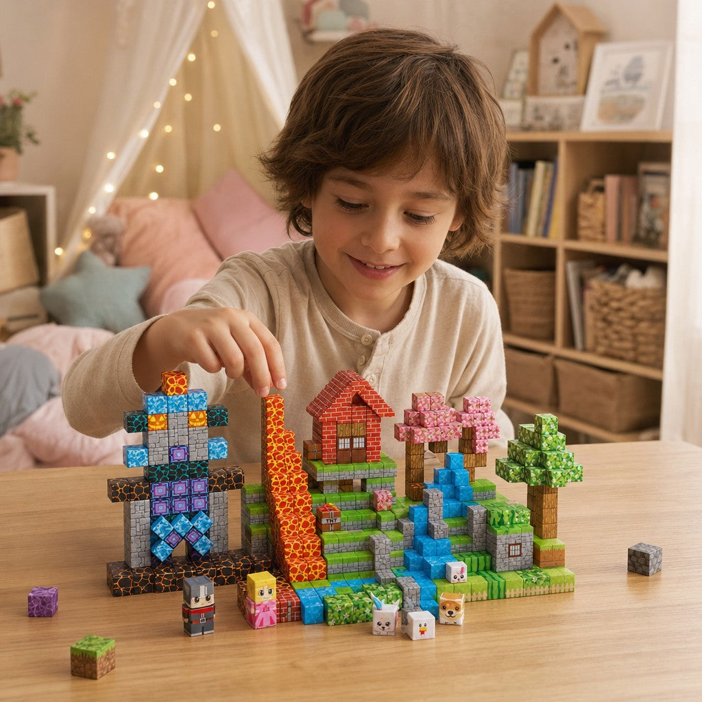 Child building the Dream World set with magnetic cubes