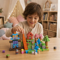 Child building the Dream World set with magnetic cubes
