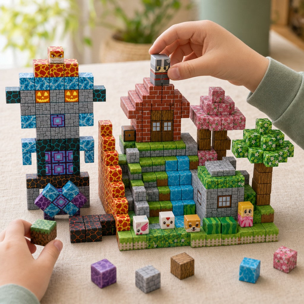 Child's hands building the Dream World magnetic cube set