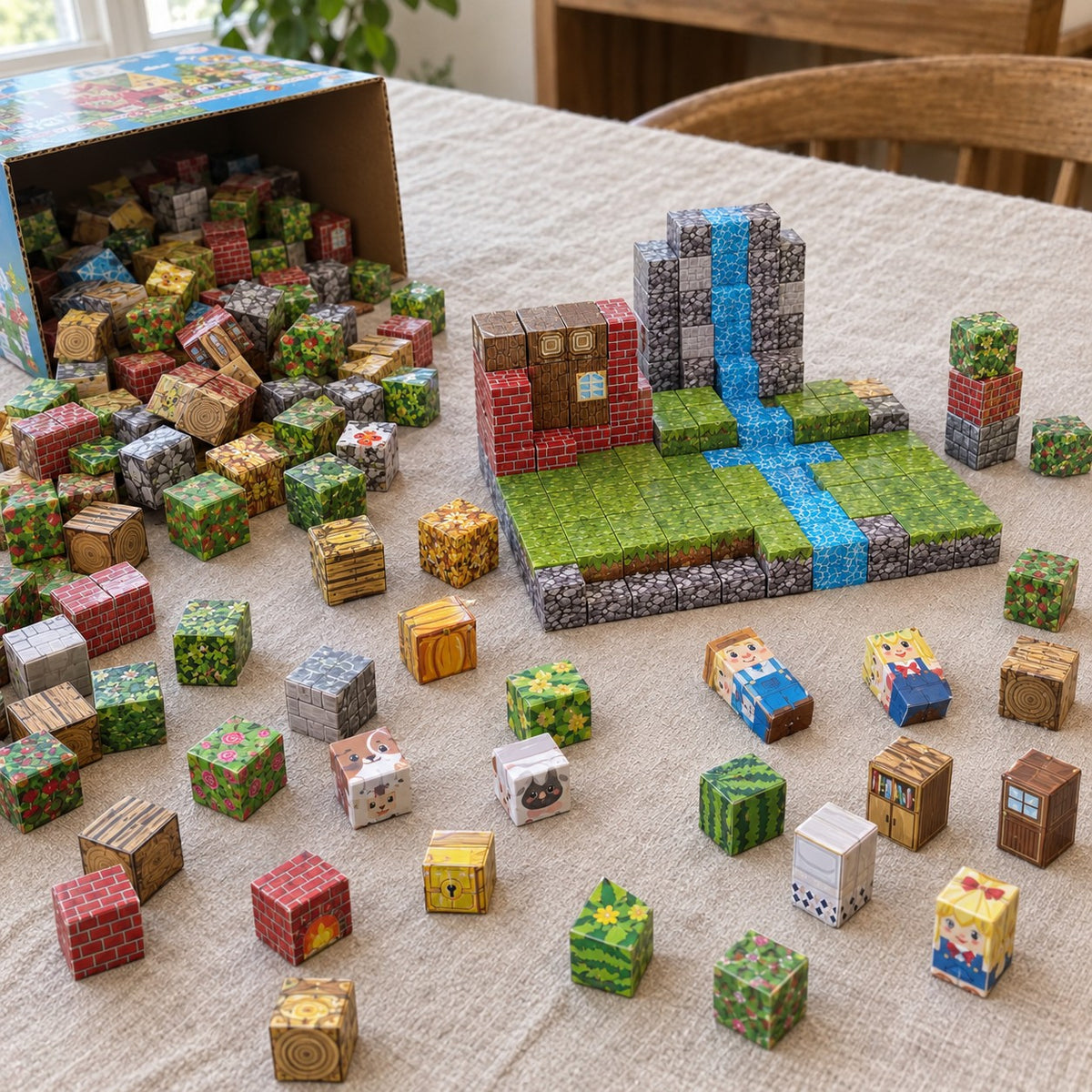 Farm Village magnetic cubes spread on the table, build in progress
