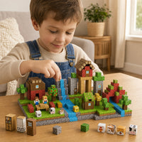 Child building the Farm Village set with magnetic cubes