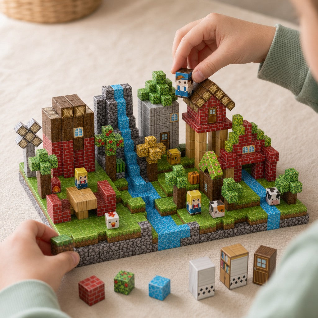Child's hands building the Farm Village magnetic cube set