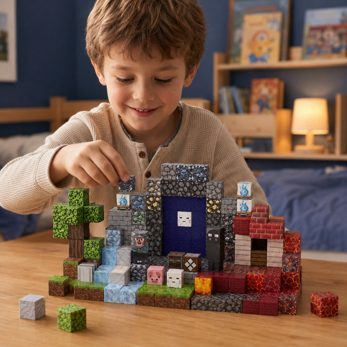 Child building the Fire & Ice Fortress set with magnetic cubes