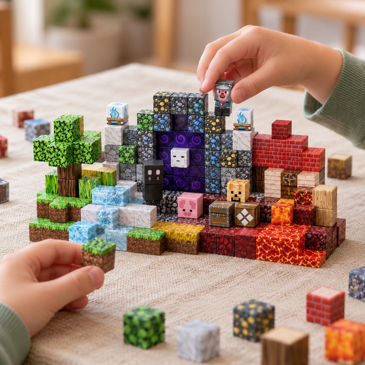 Child's hands building the Fire & Ice Fortress magnetic cube set