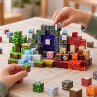 Child's hands building the Fire & Ice Fortress magnetic cube set