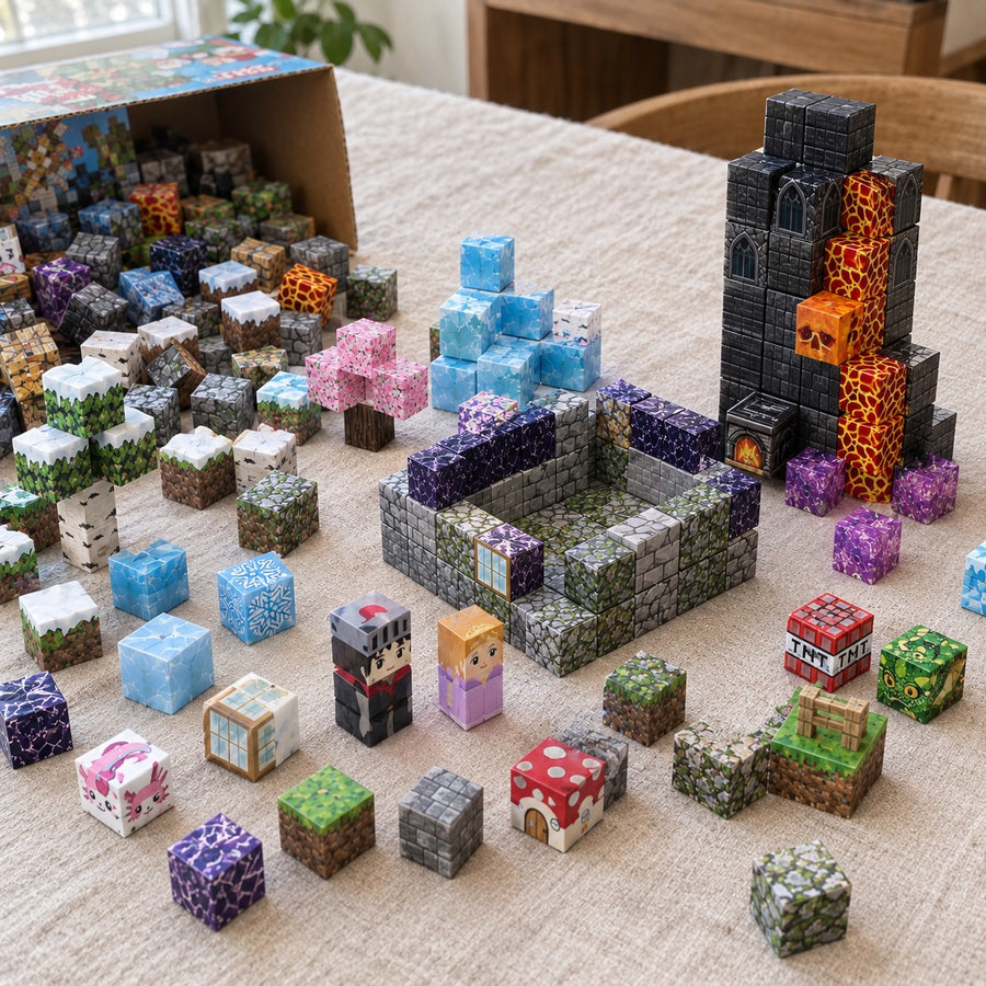 Fire & Ice World magnetic cubes spread on the table, build in progress