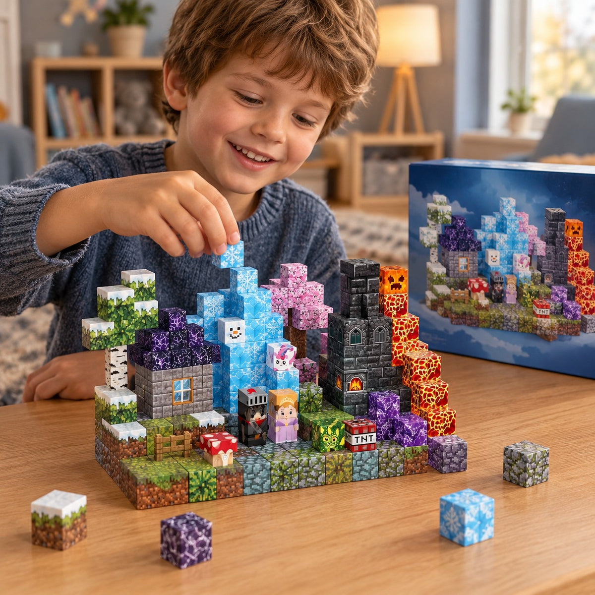 Child building the Fire & Ice World set with magnetic cubes