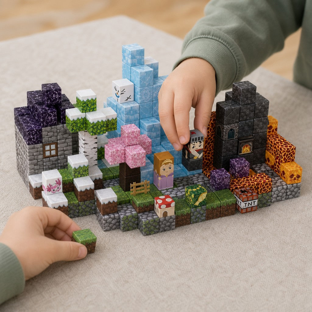 Child's hands building the Fire & Ice World magnetic cube set