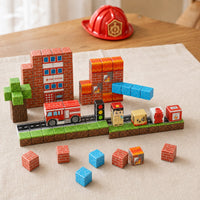 Fire Station magnetic building cubes, 100 cubes set built on a table