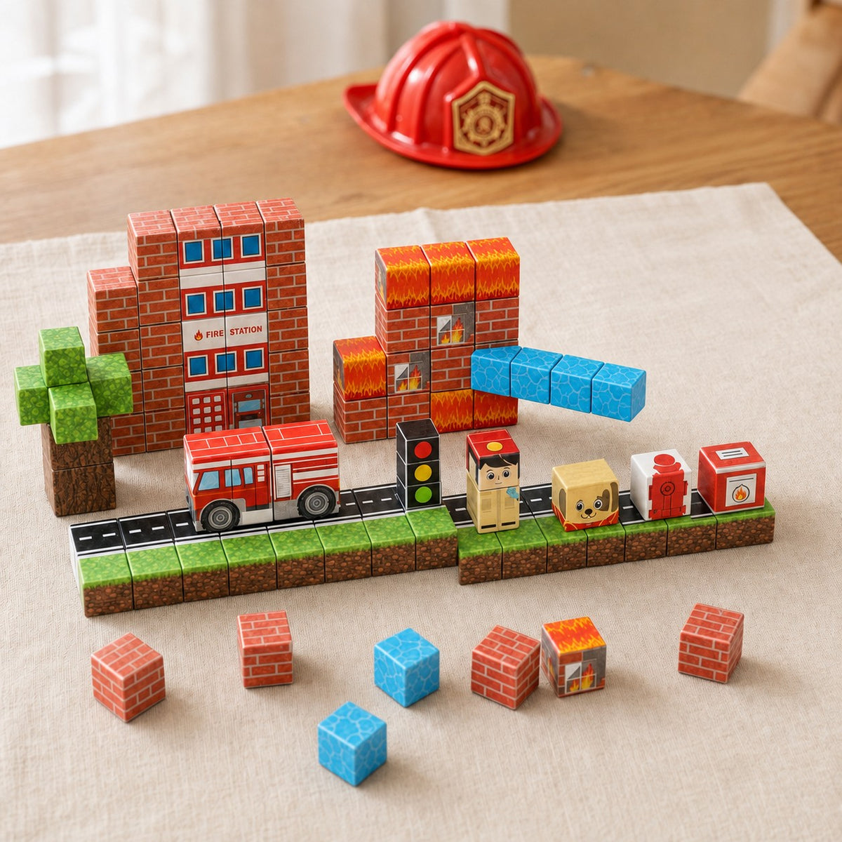 Fire Station magnetic building cubes, 100 cubes set built on a table