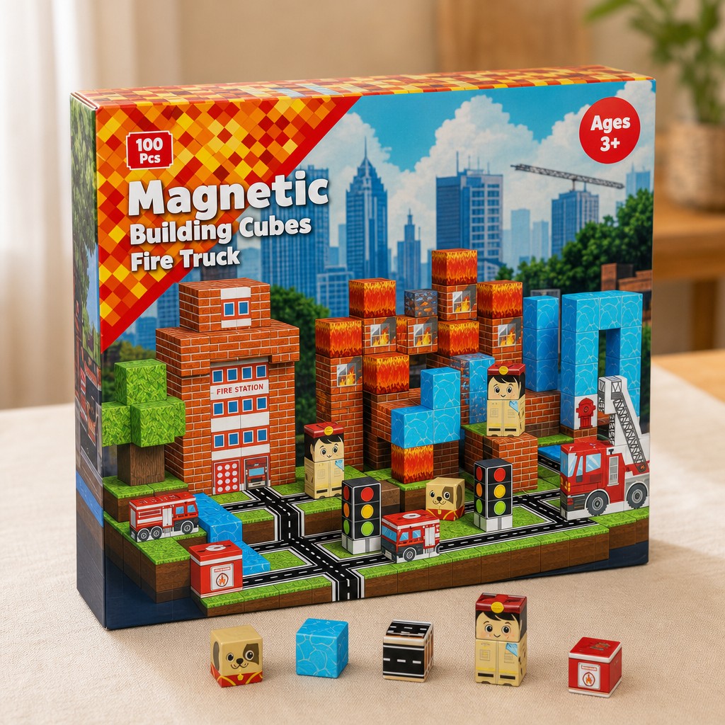 Fire Station magnetic building cubes box
